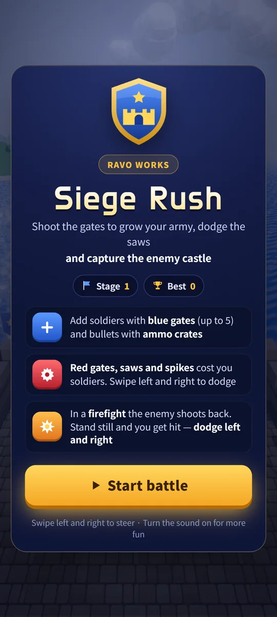 Siege Rush start screen